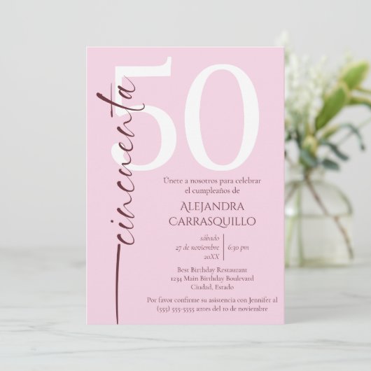 スペインのミニマルフェミニンピンク50誕生日 招待状 (スタンド正面)
