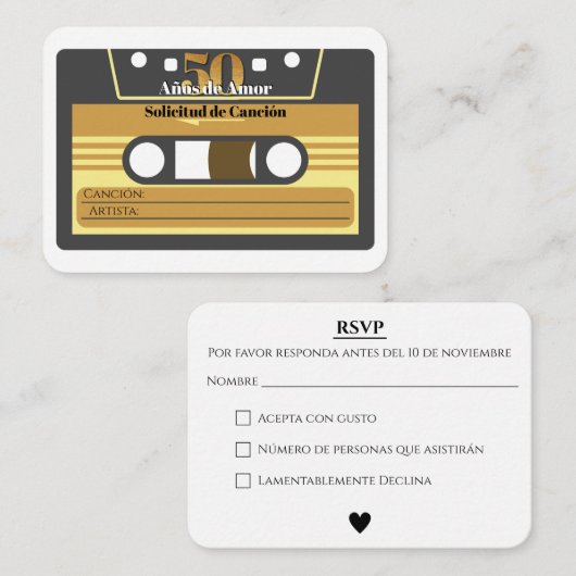 スペインのレトロカセットテープ 50周年記念 RSVP エンクロージャーカード (正面/裏面)