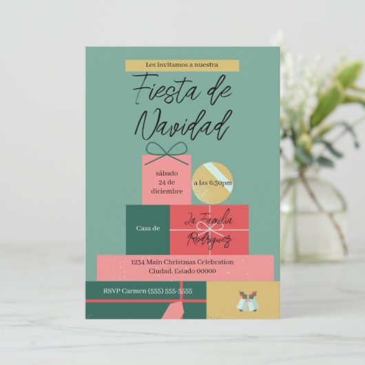 スペインのレトログリーンフェスティバルギフトクリスマスパーティー 招待状 (スタンド正面)