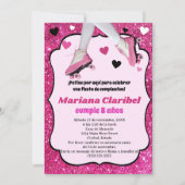 スペインのレトロピンクグリッタースケートで滑るガールズ誕生日 招待状 (正面)