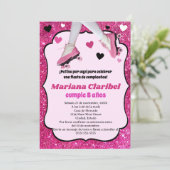 スペインのレトロピンクグリッタースケートで滑るガールズ誕生日 招待状 (スタンド正面)