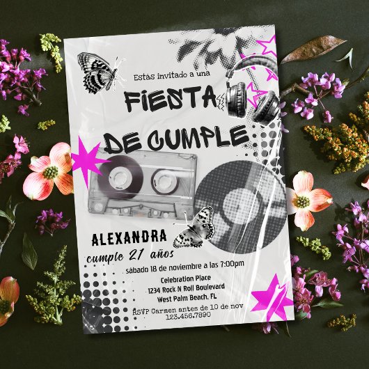 スペインのレトロミュージックAny Ageブラック&ピンク誕生日 招待状