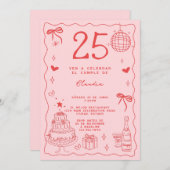 スペインのレトロ予測できなレッドピンク25誕生日 招待状 (正面/裏面)