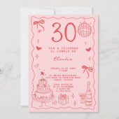 スペインのレトロ予測できなレッドピンク30歳の誕生日 招待状 (正面)