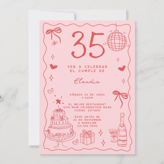 スペインのレトロ予測できなレッドピンク35誕生日 招待状 (正面)