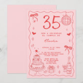 スペインのレトロ予測できなレッドピンク35誕生日 招待状 (正面/裏面)