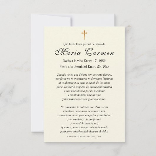 スペインのヴァージンメアリー葬儀記念祈りの言葉 ノートカード (裏面)