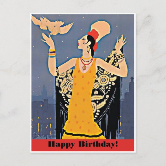 スペインのヴィンテージの女性と一緒に誕生日おめでとう ポストカード (正面)