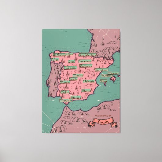 スペインのヴィンテージ旧地図 キャンバスプリント (正面)