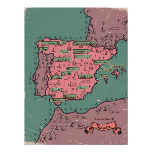 スペインのヴィンテージ旧地図 ポスター (正面)