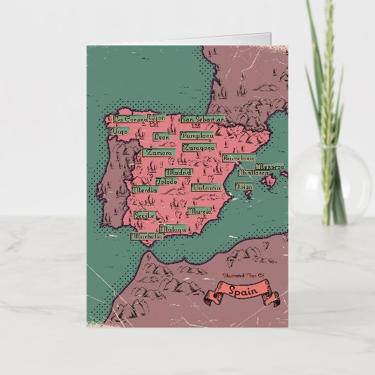 スペインのヴィンテージ旧地図 箔グリーティングカード (正面)