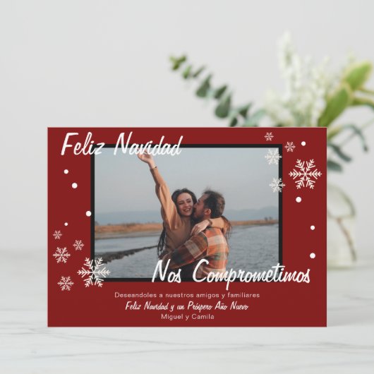 スペインの冬のエンゲージメント 赤い雪の結晶のクリスマス 案内状 (スタンド正面)