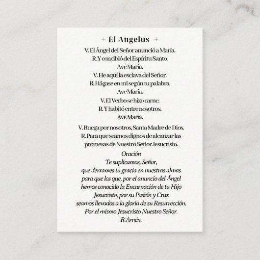スペインの受胎告知ヴァージンメアリーアンジェラス祈りの言葉 名刺 (裏面)