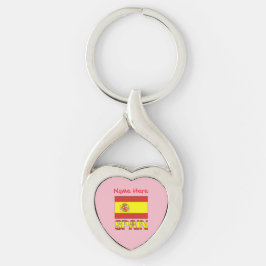 スペインの国旗をあしらったピンクのハート型の名入れキーホルダー キーホルダー