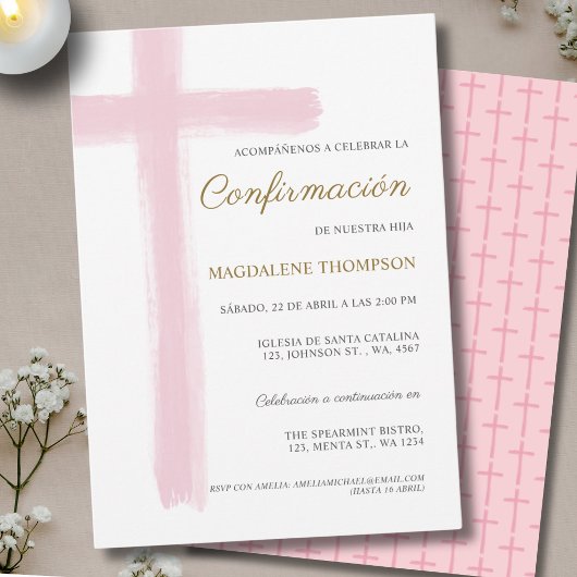 スペインの少女 ピンクの堅信式 Confirmacion 招待状