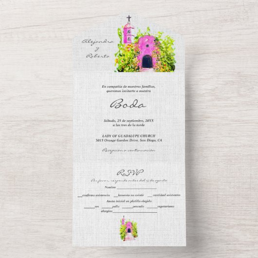 スペインの水彩桃色チャペル・メキシカン結婚ズ オールインワン招待状 (内側)