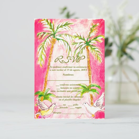 スペインの水彩熱帯ピンクRSVPカード サンキューカード (スタンド正面)