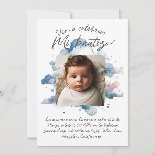 スペインの水彩画を使った洗礼のフォト 招待状 (正面)