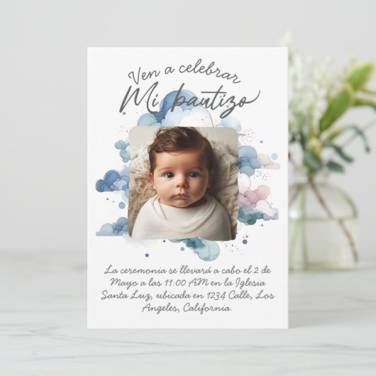 スペインの水彩画を使った洗礼のフォト 招待状 (スタンド正面)