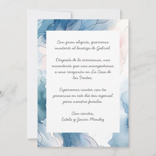 スペインの水彩画を使った洗礼のフォト 招待状 (裏面)