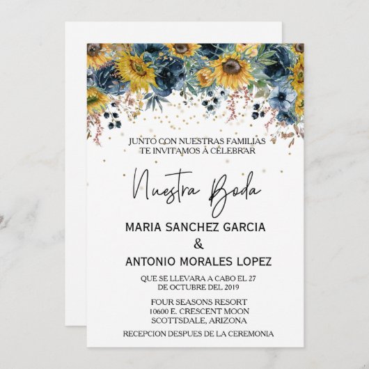 スペインの結婚のヌエストラボダブルーサンフラワー 招待状 (正面/裏面)