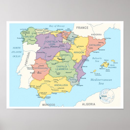 スペインの詳細地図 ポスター (正面)