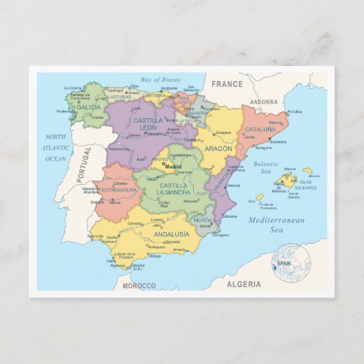 スペインの詳細地図 ポストカード (正面)