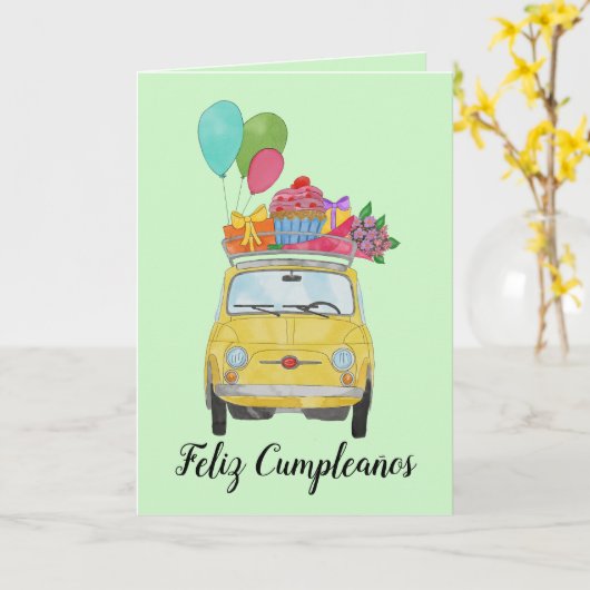 スペインの誕生日レトロFiat 500カード カード (黄色い花)