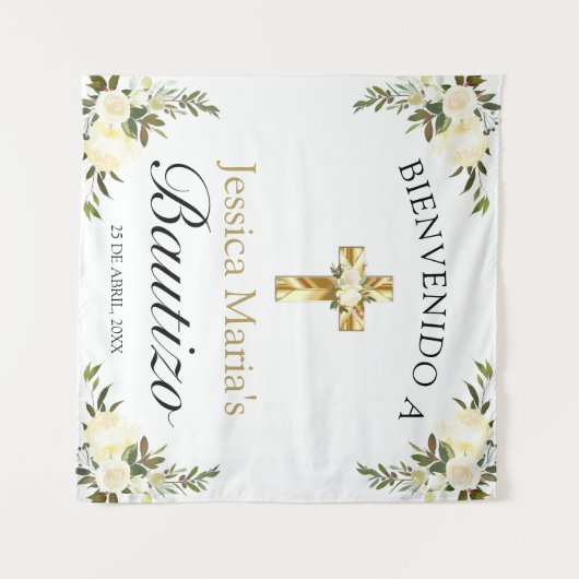 スペインの赤ちゃんの洗礼の花の金の十字架歓迎 タペストリー (正面(横))