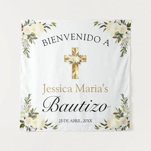 スペインの赤ちゃんの洗礼の花の金の十字架歓迎 タペストリー (正面)