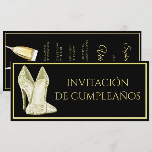 スペインの輝きの靴とシャンパンの誕生日 招待状 (正面/裏面)