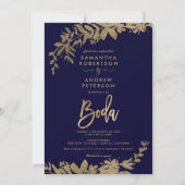 スペインの金ゴールドリーフフローラネイビー青シック結婚シック 招待状 (正面)