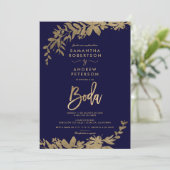 スペインの金ゴールドリーフフローラネイビー青シック結婚シック 招待状 (スタンド正面)