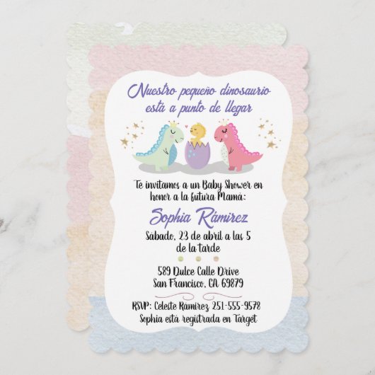 スペインの/エスパニョールベイビーシャワー恐竜の水彩画 招待状 (正面/裏面)
