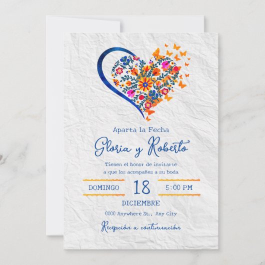スペインの,カラフルフローラハート結婚ス 招待状 (正面)