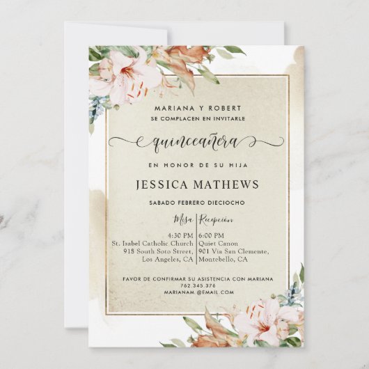 スペインの,シャンパンと赤面キンセアニラフローラ 招待状 (正面)