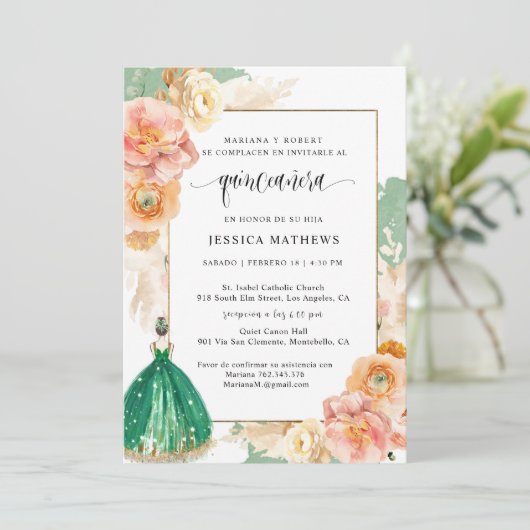 スペインの，ダークエレガントグリーンフローラキンセアニラ 招待状 (スタンド正面)