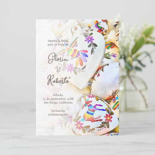 スペインの,フローラカラフルハートメキシ結婚カン 招待状 (スタンド正面)