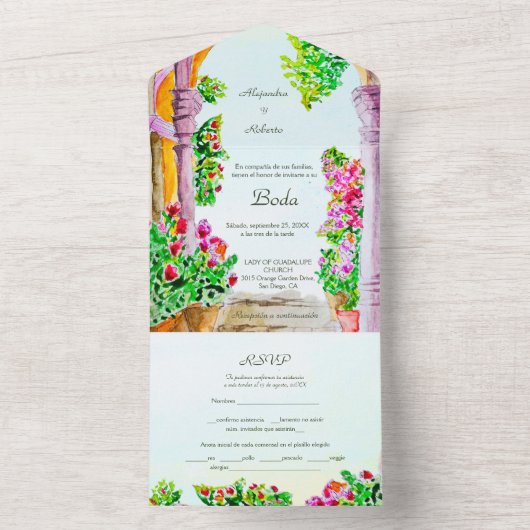 スペインの，水彩フローラオールドタウンメキシコ結婚ズ オールインワン招待状 (内側)