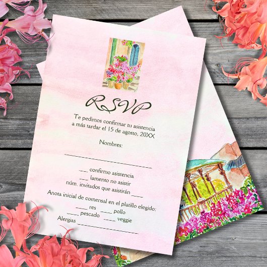 スペインの，水彩フローラオールドタウンメキシコ 出欠カード