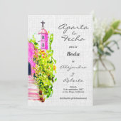 スペインの，水彩桃色チャペル結婚ズの日付 招待状 (スタンド正面)