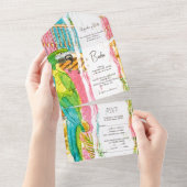 スペインの、水彩異国鳥の緑青結婚色 オールインワン招待状 (貼ってはがせる)