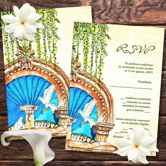 スペインの,水色オールド絵を描メキシコRSVPカード サンキューカード