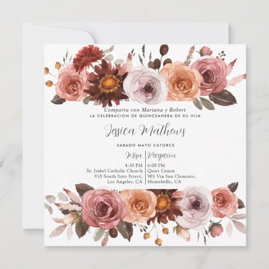 スペインの,赤面ピンクとブルゴーニュフローラキンセアニラ 招待状 (正面)