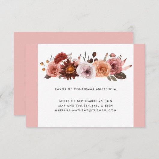 スペインの、赤面、ピンクとバーガンディのフローラRSVPカード 出欠カード (正面/裏面)
