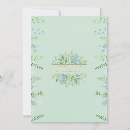 スペインのBoy or Girl Greenery Mint First Communion 招待状 (裏面)