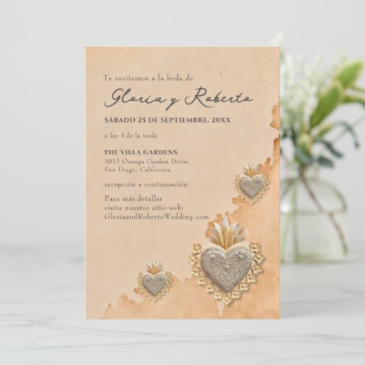 スペインのGolden Milagrosハートメキシ結婚カン 招待状 (スタンド正面)