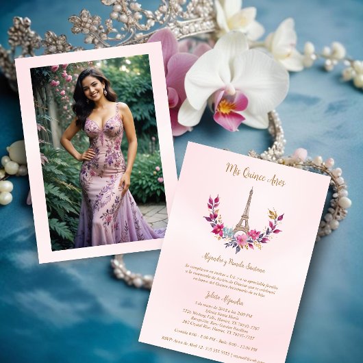 スペインのQuinces Pink Garlandエッフェルタワー写真 招待状