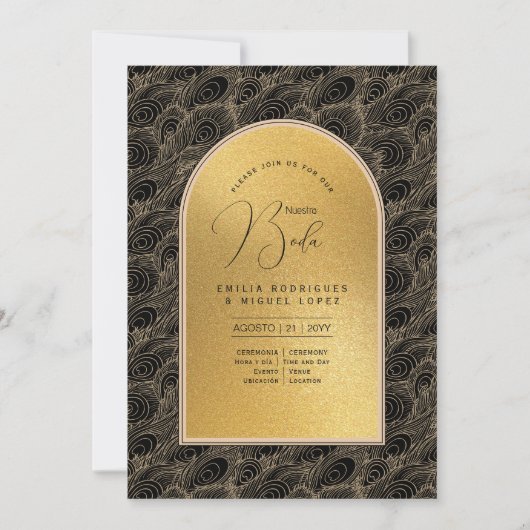 スペインインビタシオンボエレガントダブラック金ゴールド結婚ズ 招待状 (正面)