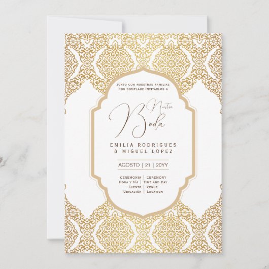 スペインインビタシオンボダエレガントホワイト華美金ゴールド 招待状 (正面)